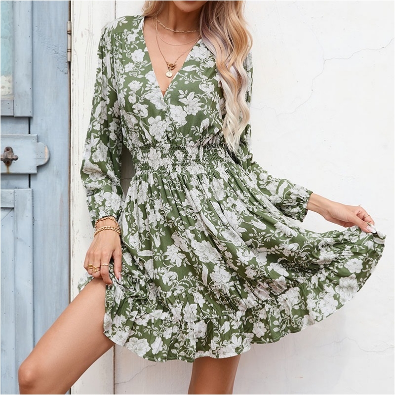 Rochie de îmbrăcăminte de plajă Boemia franceză sexy profundă în v-gât cu talie florală rochii de vacanță pentru femei pentru femei