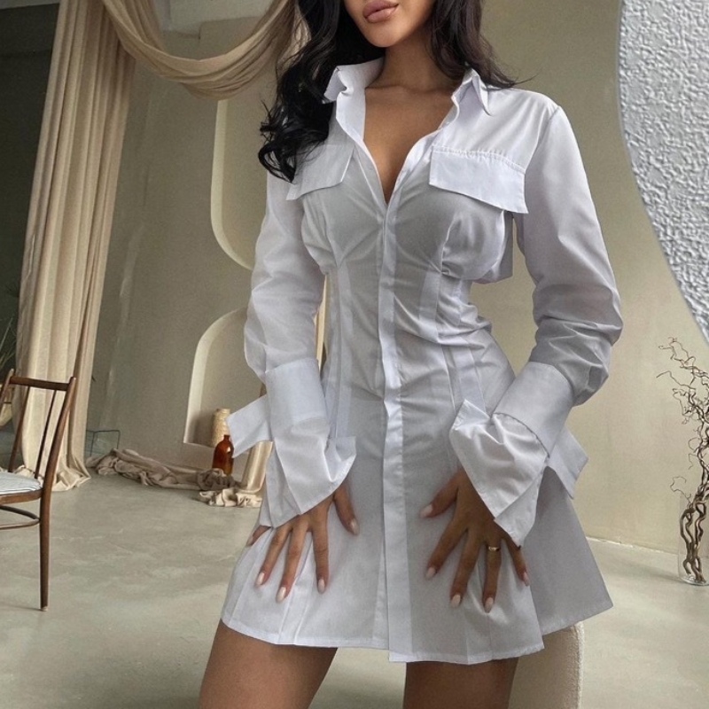 Rochie albă franceză cu talie și manșete și file lungi pentru femei 2023 Nou design talie și fustă cu mâneci lungi solide